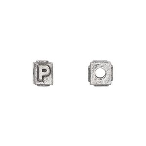 Bead 1pkg4 pewter, 8x6mm rectangle / letter P, antiqued Dione&reg;
