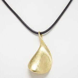 Necklace, imitation leather with gold-finished steel and "pewter" (zinc-based alloy), black, 3x1-1/4 inch scratched spoon, 18 inches with 3-inch extender chain and lobster claw clasp. Sold individually.