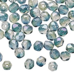 Bead 1pkg60 Czech fire-polished glass, 6mm faceted round, half-coated luster translucent green / teal