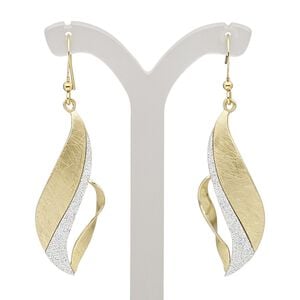 Earring, gold-finished brass and steel, silver with glitter, 2 inches with scratched twisted marquise and fishhook ear wire. Sold per pair.