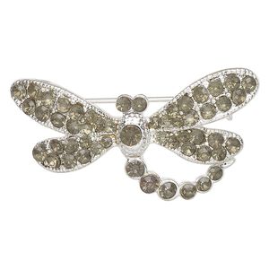 Brooch, silver-finished brass and glass, green, 37x19mm dragonfly. Sold individually.