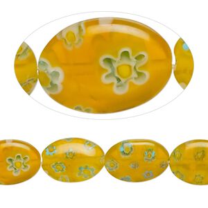 Bead, millefiori glass, translucent yellow / blue / white, 14x10mm puffed oval with 0.6-0.8mm hole. Sold per 15-inch strand.