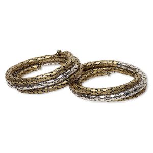 Bracelet,  antique brass- and imitation rhodium-finished steel memory wire, 18mm wide, adjustable from 7-9 inches. Sold per pkg of 2.
