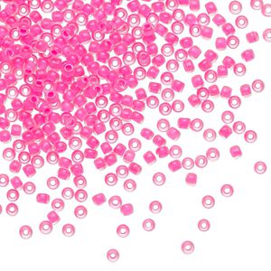 Seed bead, TOHO BEADS&reg;, glass, pkg/7.5g, #11 round, opaque matte neon pink-lined crystal clear (TR-11-971).