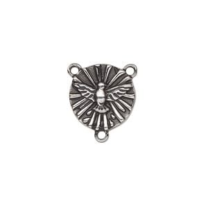 Connector, antiqued stainless steel, 15mm double-sided round rosary with dove. Sold individually.