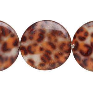 Mother-of-pearl shell 1pkg1, puffed flat round / cheetah print decal bead 15 inch brown, orange / black 24-25mm