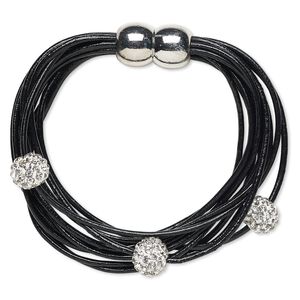 Bracelet, 10-strand, leather (dyed) / glass rhinestone / silver-finished "pewter" (zinc-based alloy), black and clear, 10mm round, 6-1/2 inches with magnetic clasp. Sold individually.