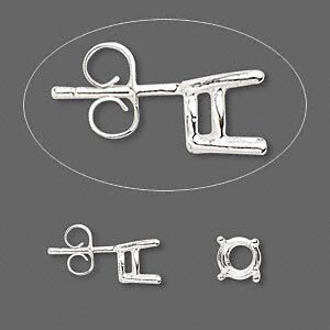 Earstud 1pkg2 Sure-Set&trade; sterling silver, 6.5mm round / pre-notched 4-prong basket-style setting / earnuts, 1 pair