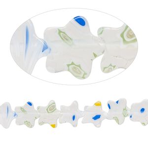 Bead, millefiori glass, translucent multicolored, 8mm flat star with 0.6-0.8mm hole. Sold per 15-inch strand.