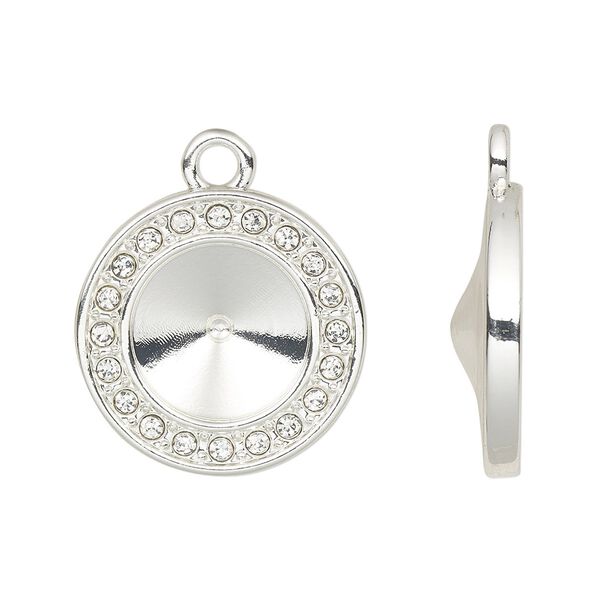 Drop, Almost Instant Jewelry&reg;, cubic zirconia and silver-finished "pewter" (zinc-based alloy), clear, 18mm single-sided round with SS47 rivoli glue-in setting. Sold per pkg of 2. image number 0