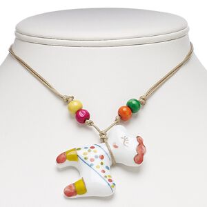 Necklace, painted wood / porcelain / waxed cotton cord, multicolored, 50x45mm sheep, adjustable from 16-30 inches with macram&eacute; knot closure. Sold individually.
