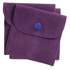 Pouch, velveteen and plastic, purple, 3-inch square with snap closure. Sold per pkg of 2.
