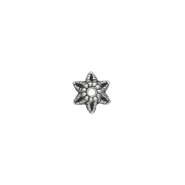 Bead cap, antique silver-plated "pewter" (zinc-based alloy), 9x5mm star, fits 8-14mm bead. Sold per pkg of 50. image number 0