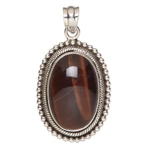 Pendant, red tigereye (heated) and antiqued sterling silver, 35x25mm beaded oval. Sold individually.