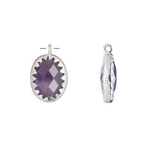 Drop, amethyst (natural) and sterling silver, 15x11mm double-sided faceted oval. Sold individually.