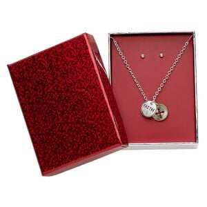 Necklace and earring set, glass rhinestone / silver-finished steel / gold- / silver-finished "pewter" (zinc-based alloy), clear, 13mm round with "FAITH" and cross cutout, 15" to 16" necklace with 3-inch extender chain and lobster claw clasp, 3mm round with post. Sold per set.