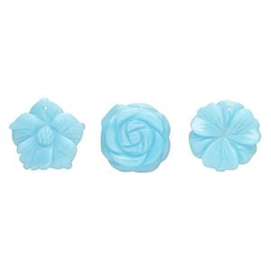 Focal mix, glass, translucent light blue, 34x31mm-34x34mm top-drilled carved flower. Sold per pkg of 3.