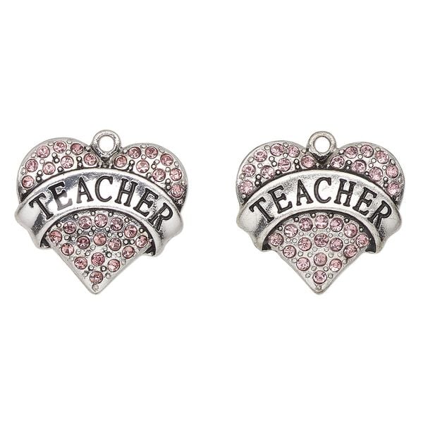 Charm, antique silver-finished enamel "pewter" (zinc-based alloy) and glass, pink and black, 24x23mm heart with "Teacher". Sold per pkg of 2. image number 0