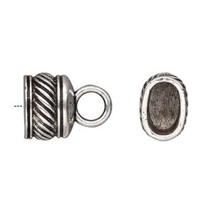 Cord end glue-in 1pkg4 "pewter", 14x10.5mm lined oval / 10.5x6mm inside diameter, antiqued / silver-finished