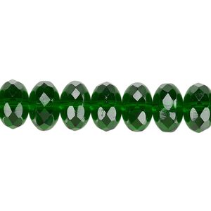 Bead, Czech fire-polished glass, emerald green, 11x7mm faceted rondelle. Sold per 15-1/2" to 16" strand.