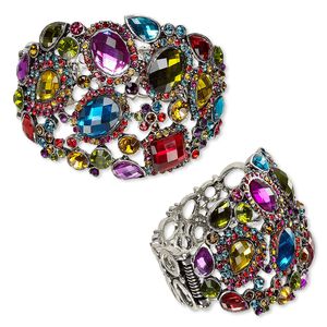 Bracelet, hinged bangle, resin and antique silver-plated "pewter" (zinc-based alloy), multicolored, 62mm wide, 7 inches. Sold individually.