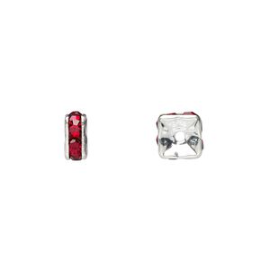 Bead 1pkg10 silver-plated, 6x3mm squaredelle, brass / garnet red rhinestone