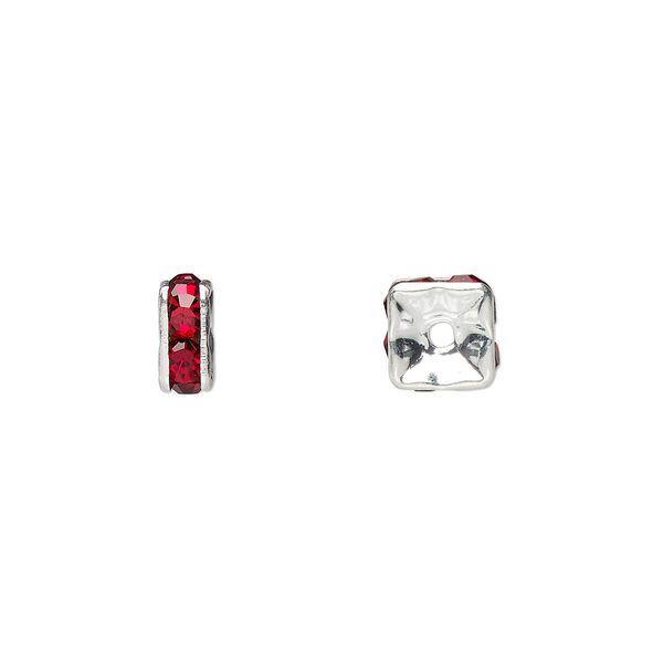 Bead 1pkg10 silver-plated, 6x3mm squaredelle, brass / garnet red rhinestone image number 0