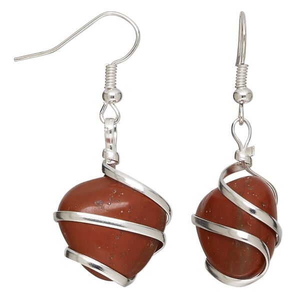 Red jasper / copper 1pkg2, hand-cut tumbled nugget silver-plated fishhook earring natural 22 gauge 43mm overall image number 0