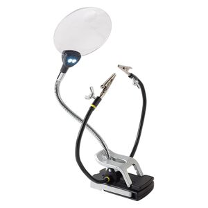 Helping hands and magnifier, Excel&trade;, acrylic / rubber / steel, clear / black / yellow, 21-1/2 x 13-3/4 inches with 3-1/2 inch magnifier and LED lights. Sold individually.
