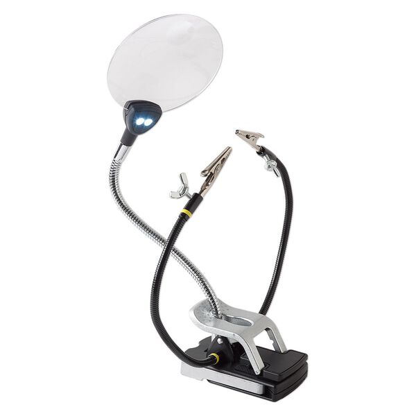 Helping hands and magnifier, Excel&trade;, acrylic / rubber / steel, clear / black / yellow, 21-1/2 x 13-3/4 inches with 3-1/2 inch magnifier and LED lights. Sold individually. image number 0