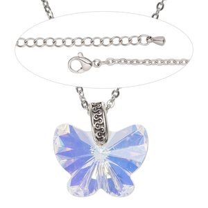 Necklace, Everyday Jewelry&trade;,  brass / crystal / stainless steel, butterfly  pendant on antiqued-silver chain with lobster claw clasp, 24 inches. Sold individually.