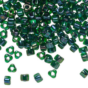 Seed bead, Miyuki 1pkg10g, glass, #5 triangle, transparent metallic blue inside dyed color green (TR-1812)
