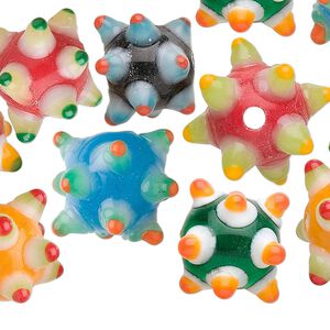 Bead 1pkg10 lampworked glass, 12mm bumpy round / approximately 2.5mm hole, opaque to transparent multicolored