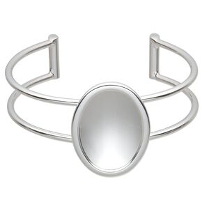 Bracelet, Almost Instant Jewelry&reg;, cuff, silver-plated brass and "pewter" (zinc-based alloy), 65x35mm with 30x22mm oval setting, adjustable. Sold individually.