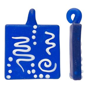 Focal, lampworked glass, frosted translucent cobalt blue and opaque white, 27-28mm flat square with line and dot design. Sold individually.