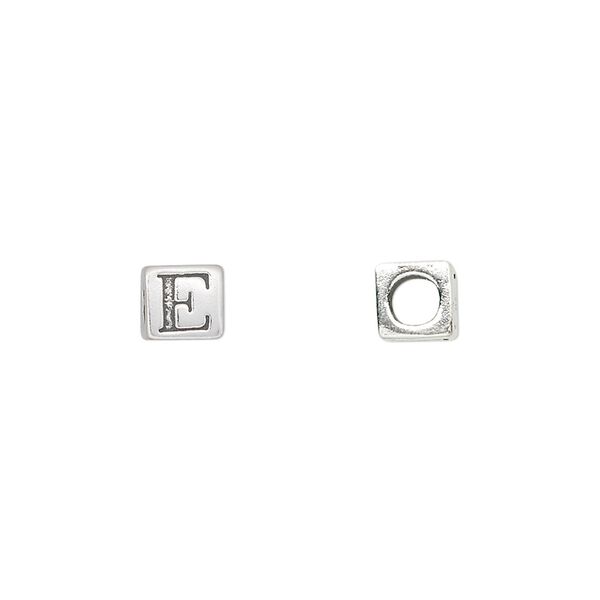 Bead 1pkg1 sterling silver, 5.5mm cube / letter E, antiqued Dione&reg; image number 0
