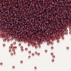 Seed bead, Miyuki, glass, pkg/250g, #15 rocaille, translucent gold luster cranberry (RR-313).