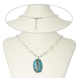 Necklace, mother-of-pearl shell / magnesite (bleached / dyed / stabilized) / glass / silver-finished brass / steel 1pkg1, blue / white / clear, 49x32mm oval, 20 inches with lobster claw clasp and 2-inch extender chain.