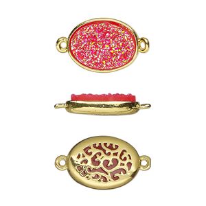 Link, Druzylite&trade;, "druzy" (resin) and gold-finished brass, hot pink, 15.5x11.5mm two-sided oval with open filigree back. Sold per pkg of 4.