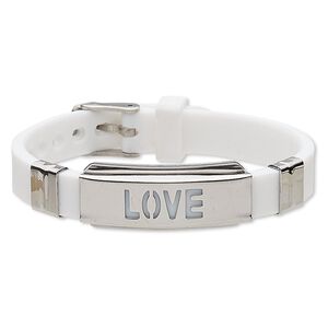Bracelet, Softique&trade;, silicone and stainless steel, white, 16mm wide with 39x16mm curved rectangle and cutout "LOVE," adjustable from 5-1/2 to 7-1/2 inches with buckle-style closure. Sold individually.