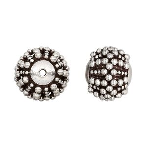 Bead 1pkg1 sterling silver, 16x13.5mm round / raised beaded, antiqued