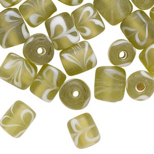 Bead, lampworked glass, translucent yellow-green and white, 9x7mm-10x8mm round tube with swirl design. Sold per pkg of 40 beads.