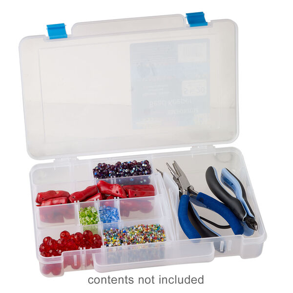 Organizer box, The Beadery&reg;, 1pkg1, plastic, clear / blue, 10-7/8 x 7-1/4 x 1-1/2 inches with 5 to 20 adjustable compartments (2185). image number 1