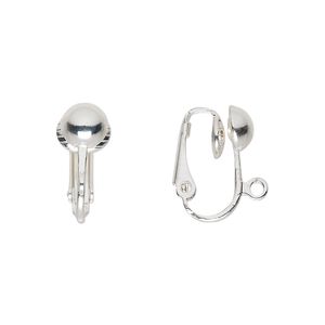 Earring clip-on 1pkg10 silver-plated, 16mm hinged / 6.5mm half-ball / open loop, steel 5 pair