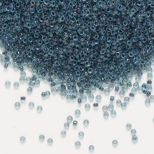 Seed bead, Miyuki, glass, pkg/35g, #15 rocaille, translucent midnight blue-lined luster aqua (RR-347).