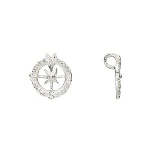 Pendant, cubic zirconia and sterling silver, clear, 13x12mm single-sided compass. Sold individually.