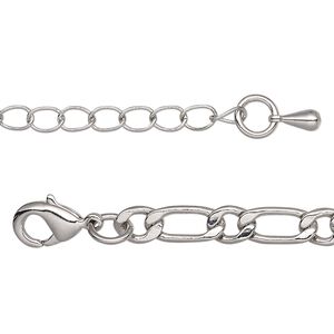 Chain, imitation rhodium-plated brass, 5mm long and short flat oval, 16 inches with 2-inch extender chain and lobster claw clasp. Sold individually.