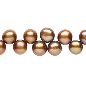 Freshwater pearl 1pkg1, top-drilled flat-sided round C grade, 15 inch 7-8mm dark copper peacock cultured