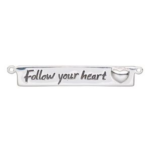 Focal, sterling silver and enamel, black, 34x6mm single-sided flat rectangle with "Follow your heart" and heart design with 2 loops. Sold individually.
