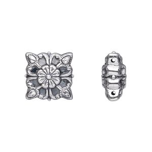 Bead spacer 1pkg1 sterling silver, 14mm puffed square / fancy flower / 2sided, antiqued 2-strand